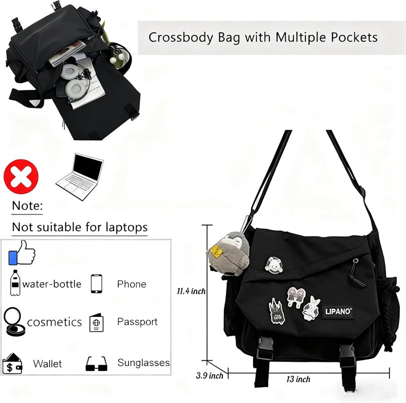 INSHERE Aesthetic Crossbody Bag with Cute Pins and Ornament, Nylon Shoulder Messenger Bag Japanese Kawaii Bag for Women Men - Image 3